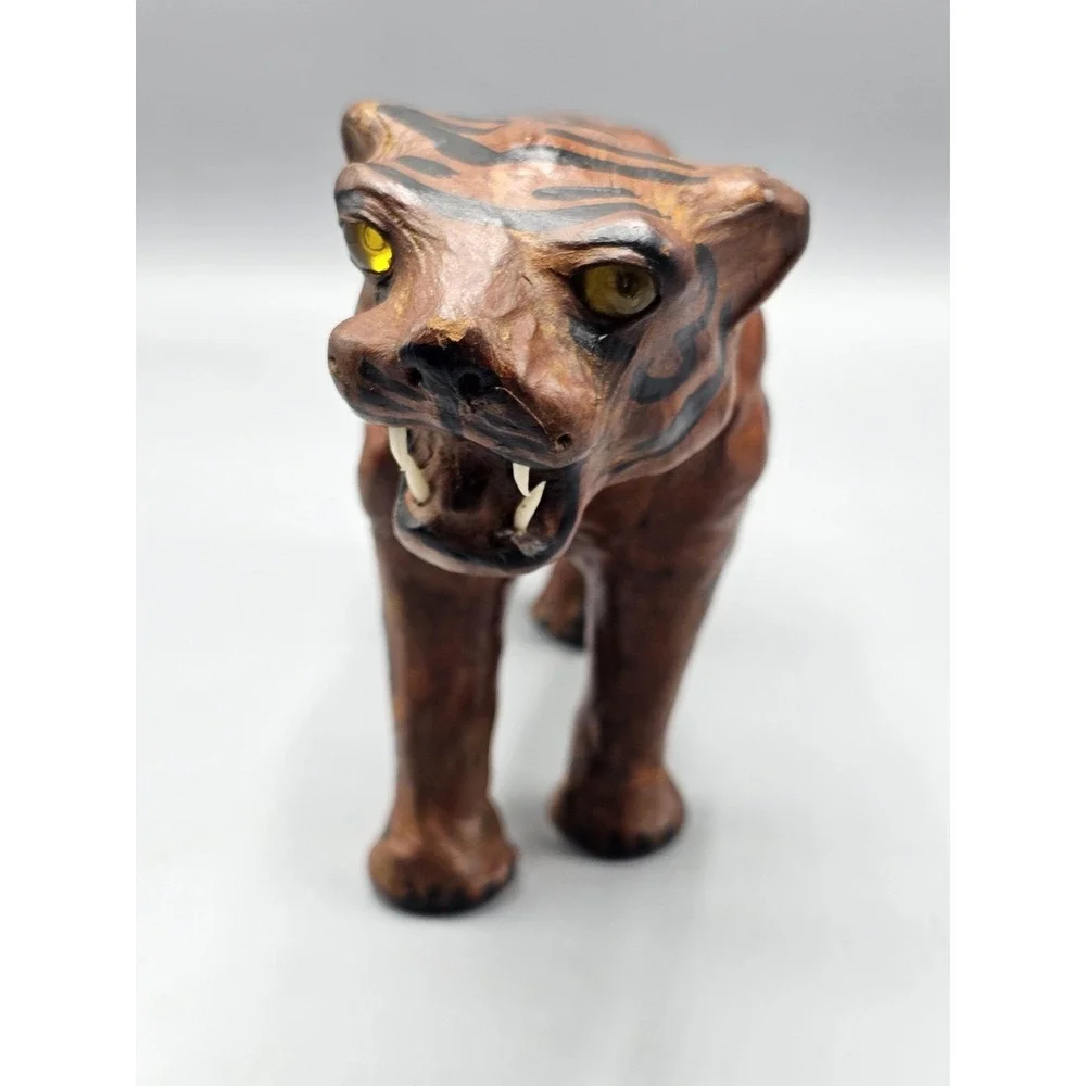 Vintage Leather Wrapped Paper Mache Bengal Tiger Figurine Yellow‎ Glass Eyes 11